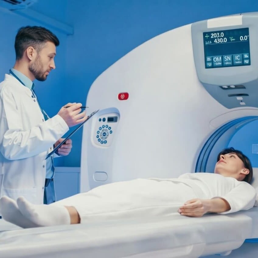 A doctor with a clipboard stands beside a patient lying on a table, preparing for a CT scan in a medical imaging room with blue walls. The patient is positioned to enter the large circular scanner.